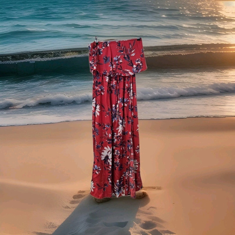 JAPNA red Floral  Off Shoulder Maxi Dress. Summer Sundress Beach Size Medium